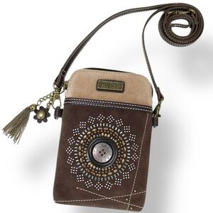 Chala Leather Bohemian/Western Dazzled Cellphone Crossbody Bag Brown/Tan 2 strap